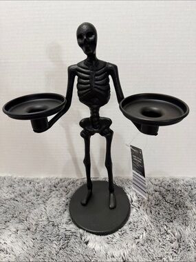 Aldi Halloween Skeleton Candelabra Pillar Black 13” Home Decor Candle Holder NWT